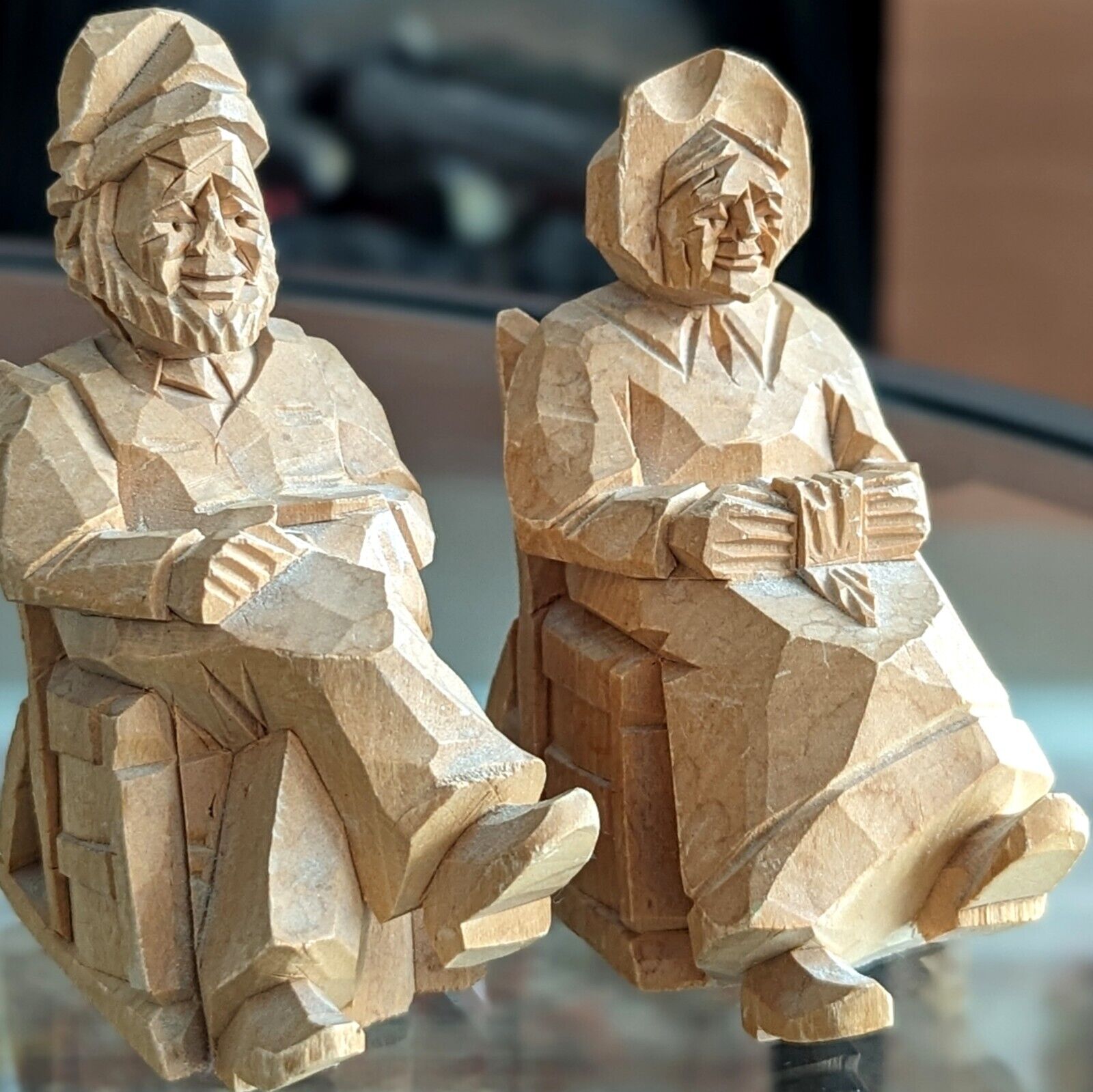 Vtg Canadian Folk Art Wood Carving Old Man Woman Rocking Love Whittled Couple