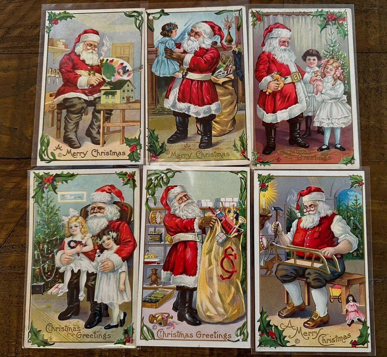 Lot of 6 SANTA CLAUS~with Girls~Sled~Workshop~Toys~1910~Christmas Postcards Set