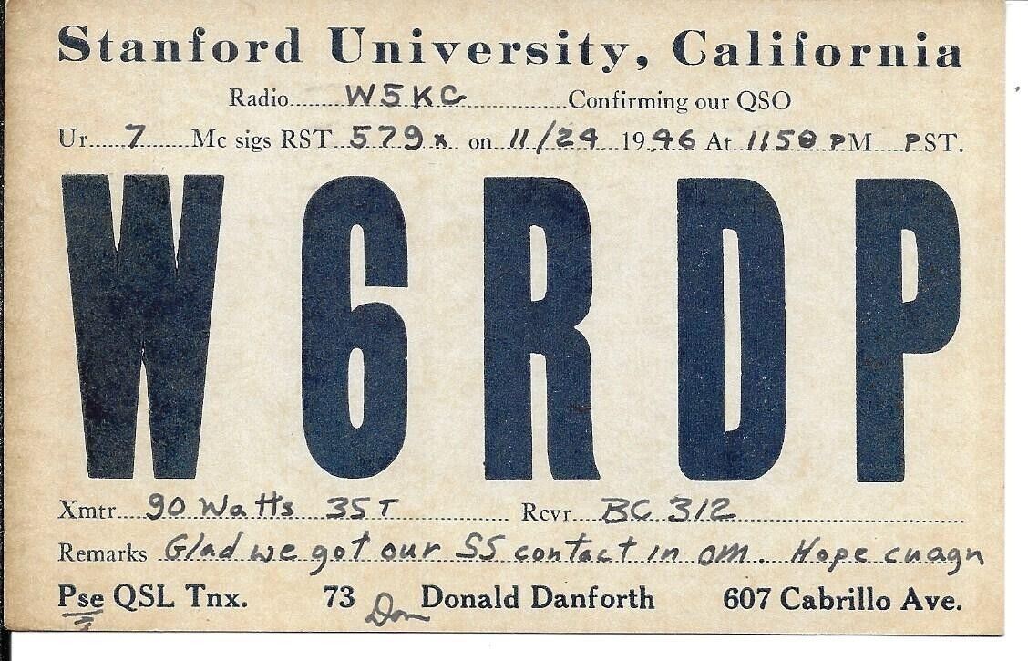 QSL 1946 Stanford University CA   radio card