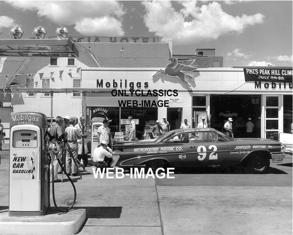 1959 MOBIL GAS PUMP STATION AUTO RACING LOUIS UNSER PONTIAC STOCK CAR 8X10 PHOTO