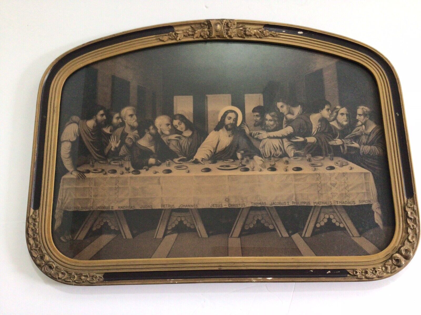 Antique Picture and Frame The Last Supper With Jesus and Apostles Names In Latin