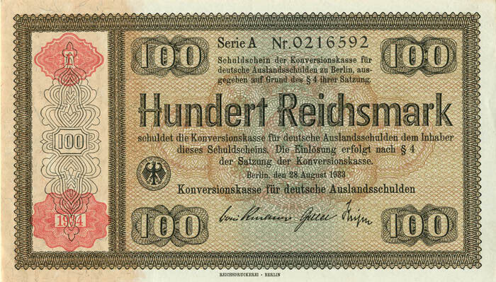 Germany 100 German Reichsmark - P-212 - dated Aug 28,1933 Foreign Paper Money - 