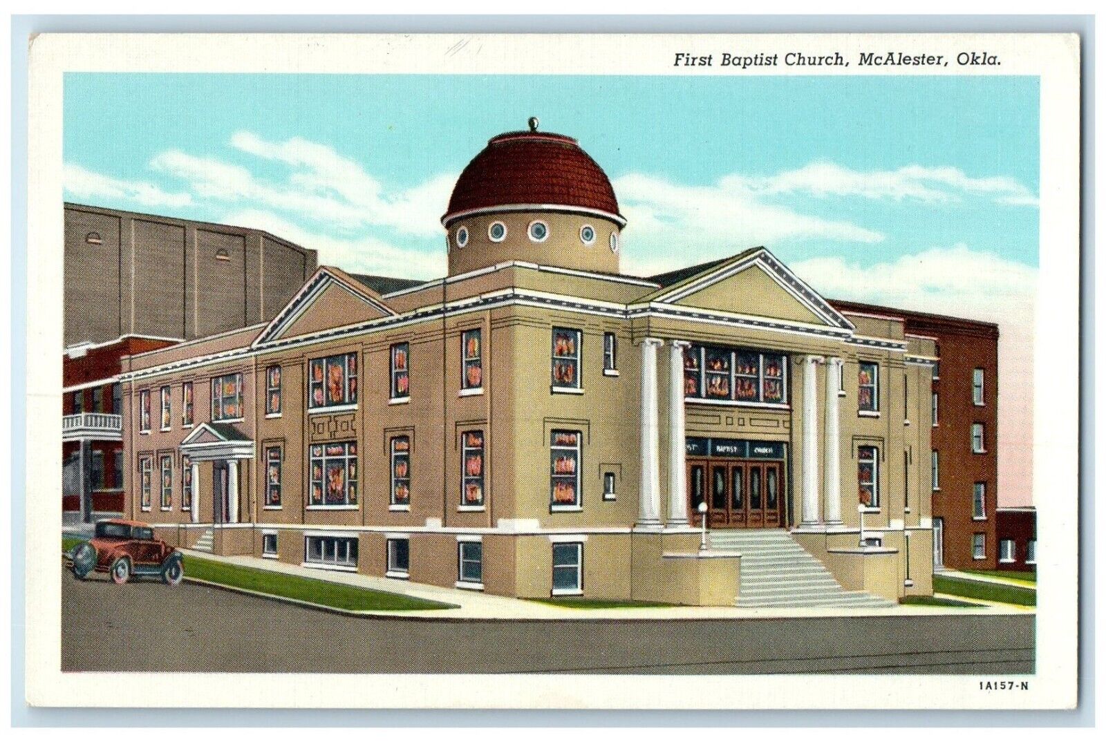 c1930\'s First Baptist Church Car Scene Street McAlester Oklahoma OK Postcard