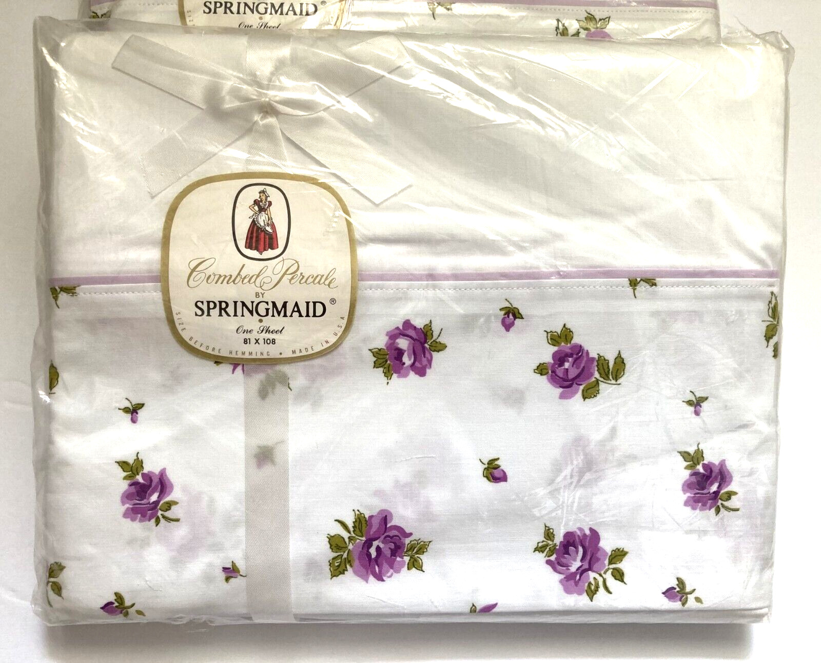 2 New Vtg Springmaid Combed Cotton Percale Purple Roses Full Flat Sheets 81x108