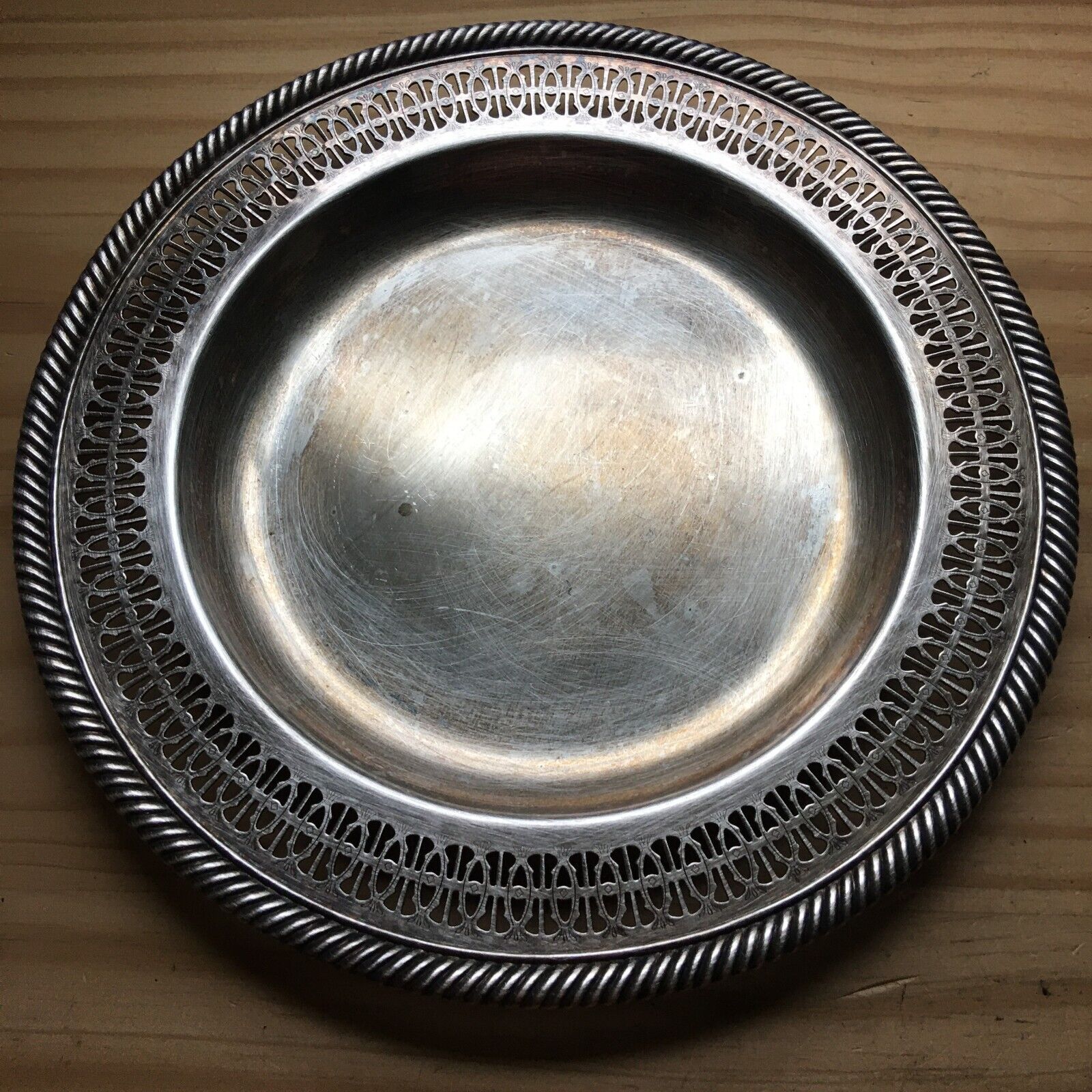 Vintage 1950s Reticulated Silver Tray Dish Low Bowl Platter Rope edge 10.25\