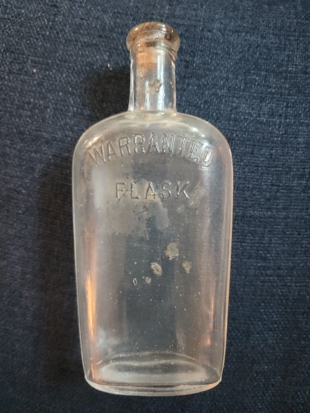 ANTIQUE 1890'S HALF PINT STRAP SIDE WARRANTED FLASK LIQUOR BOTTLE TOOLED TOP