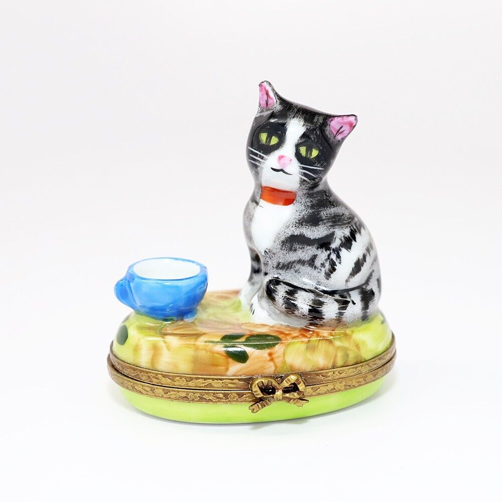 Limoges, France Porcelain Tabby Cat with Tea Cup Trinket Box by Gerard Ribierre