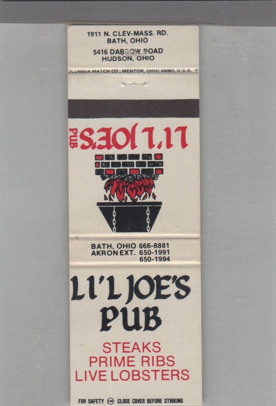 Matchbook Cover Li\'L Joe\'s Pub Bath, OH
