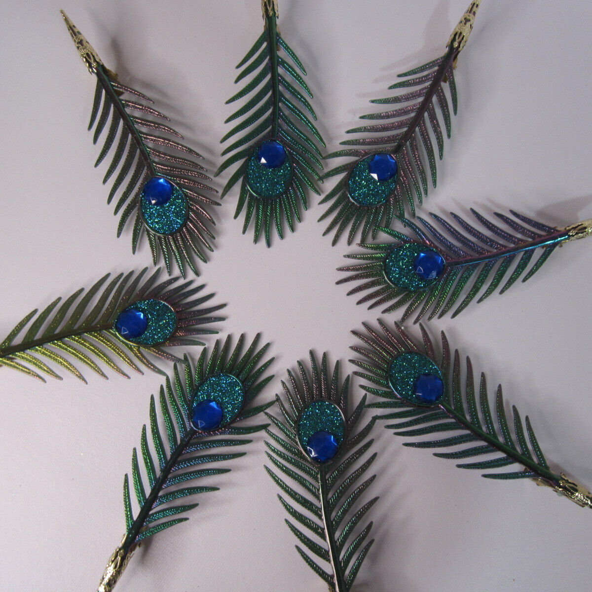 Plastic Peacock Feather Christmas Tree Ornaments Clip-On Decor Glitter Set of 8