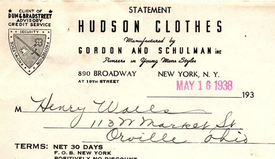1938 HUDSON CLOTHES GORDON AND SCHULMAN N.Y. YOUNG MENS  BILLHEAD STATEMENT Z501
