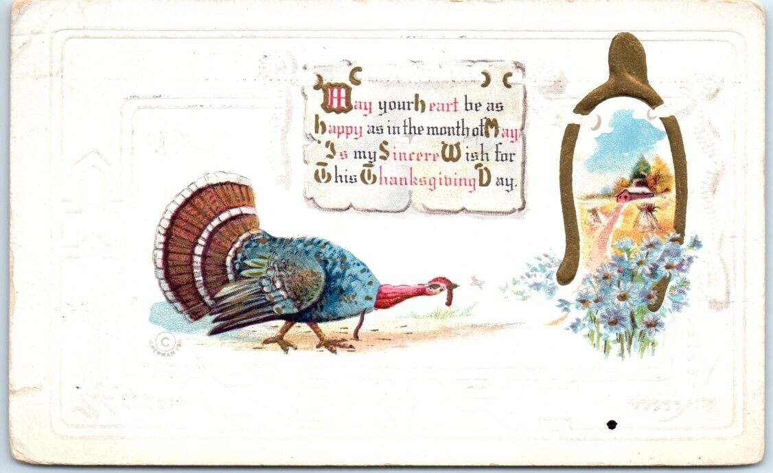 Postcard - Thanksgiving Greeting Card with Message and Turkey Flowers Art Print