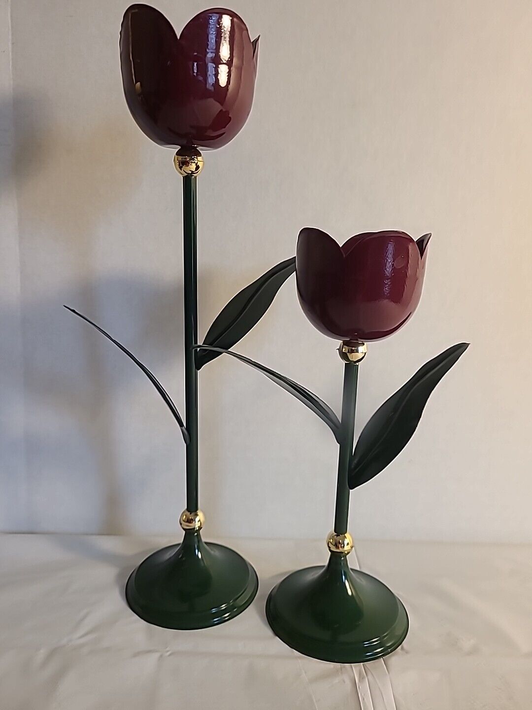 Metal Tulip Burgundy And Green Candle Sticks 10 in / 7 in