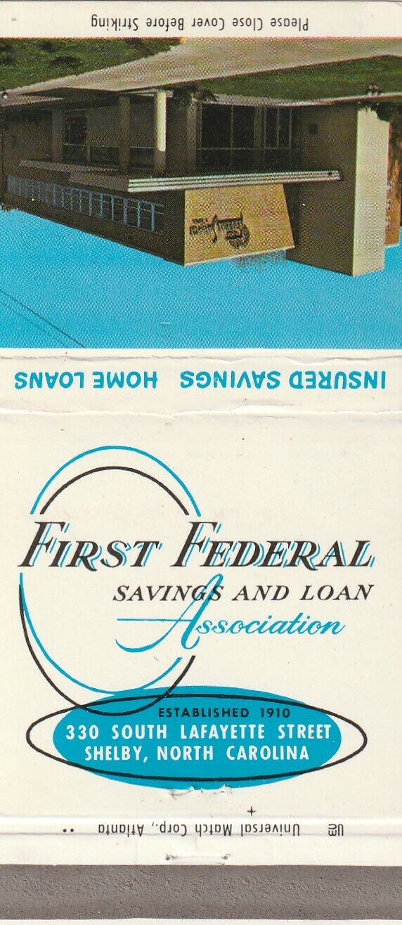 VINTAGE MATCHBOOK COVER. FIRST FEDERAL SAVINGS & LOAN ASSOCIATION. SHELBY, NC.