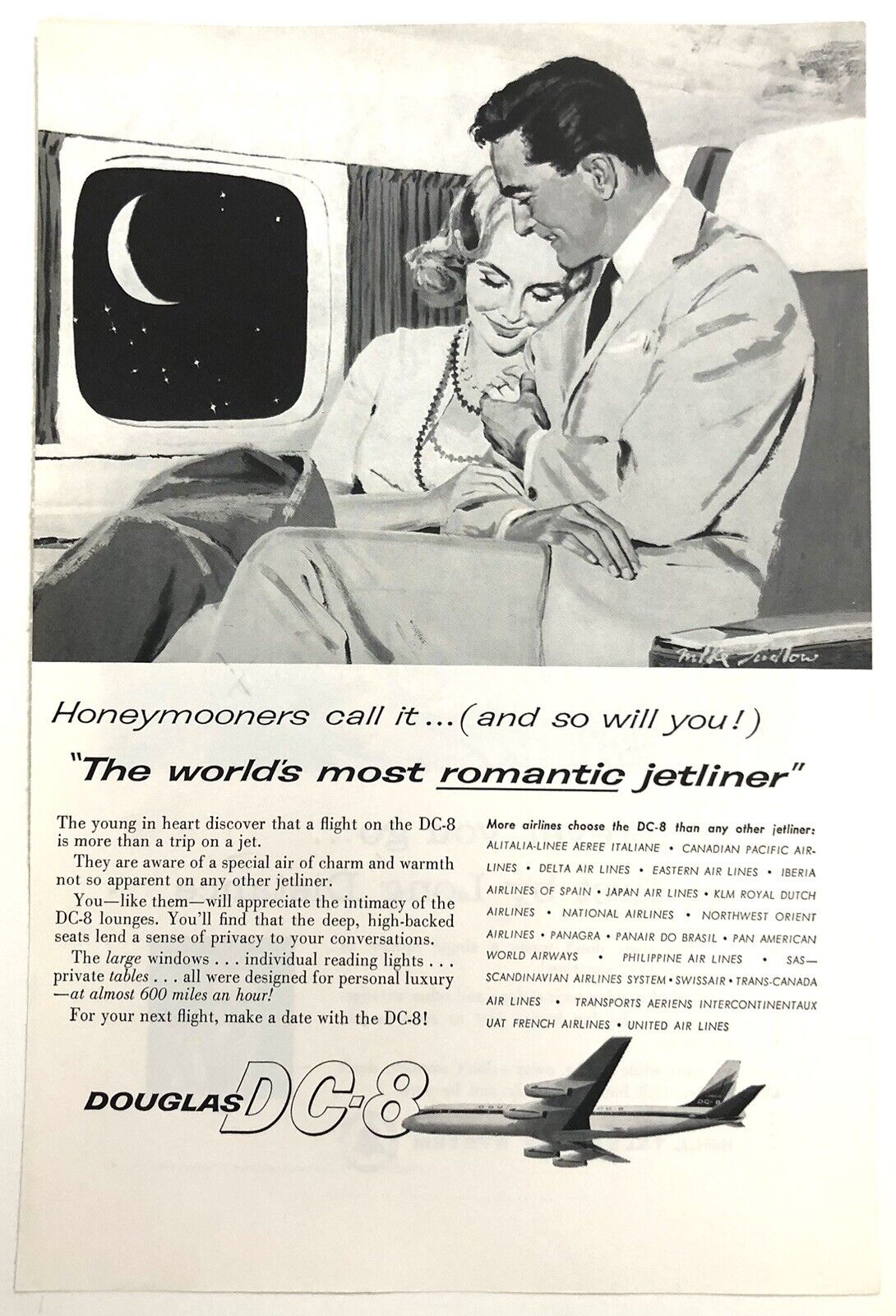 Vintage 1960 Original Print Advertisement Full Page - Douglas DC-8 Romantic