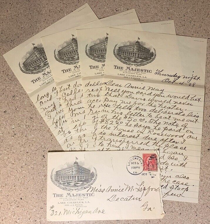 Rare 1928 Lake Charles Majestic Hotel Stationary Letter & Postage Louisiana