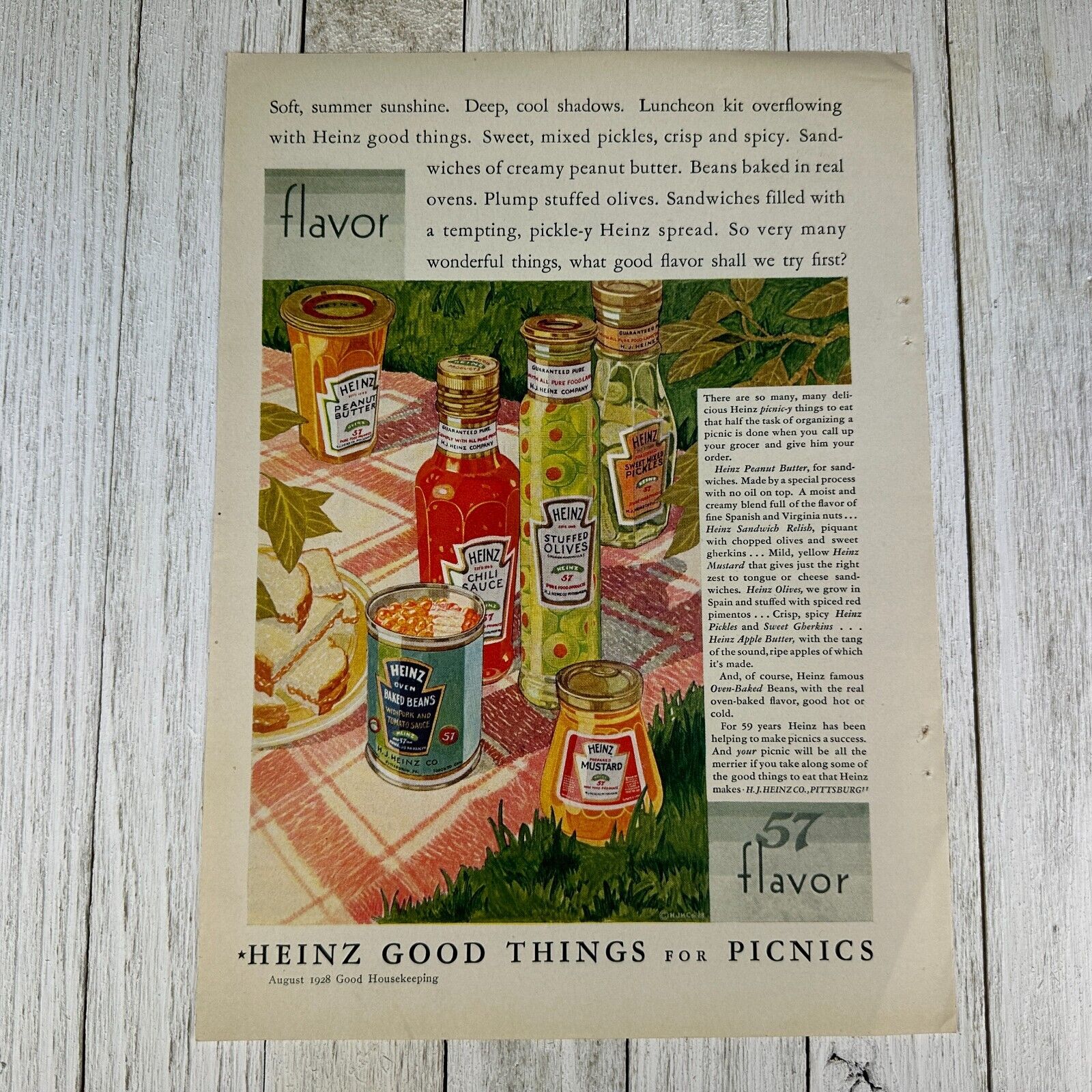 Antique HEINZ Advertisement Print Ad 1928 Picnic Peanut Butter Jar Pickles Olive