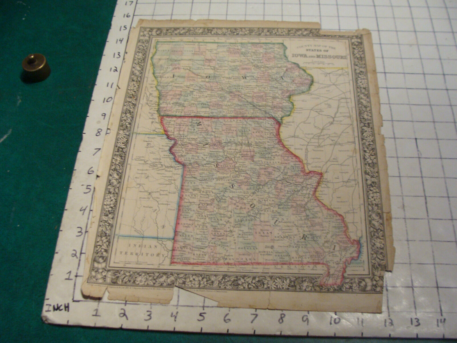 ORIGINAL Hand Colored 1861 Mitchell Map: 15 1/4 x 12 1/2--IOWA MISSOURI