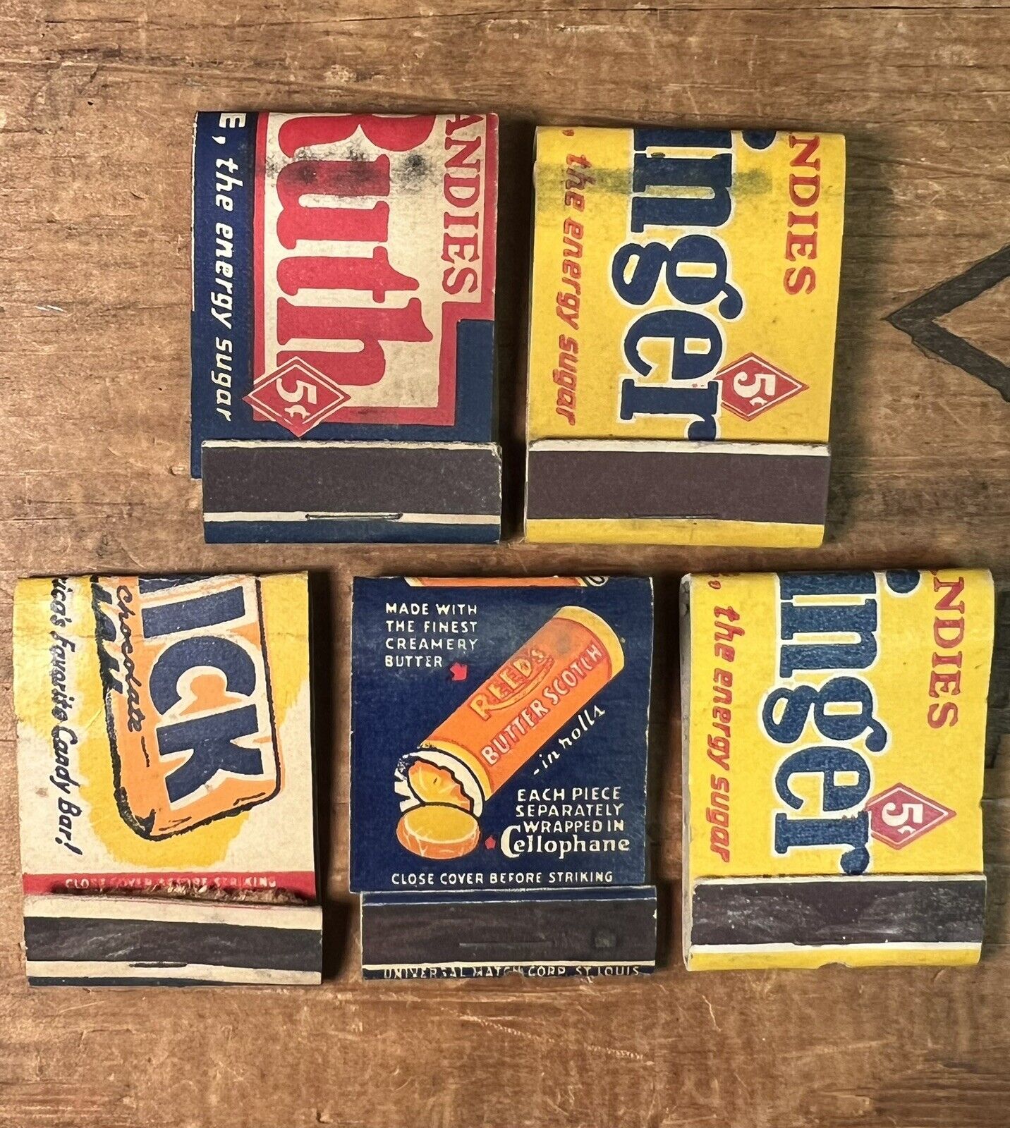 2 Unstruck 1930s Butterfinger & Baby Ruth Matchbooks + 3 Used Candy Matchbooks 