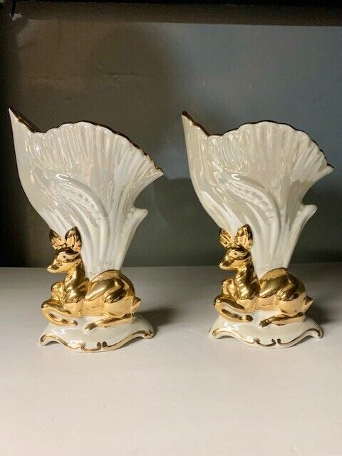 Pair Of Italian Lustre Pearlised Vase Mid Century Gold Gilt Porcelain Fawn Deer