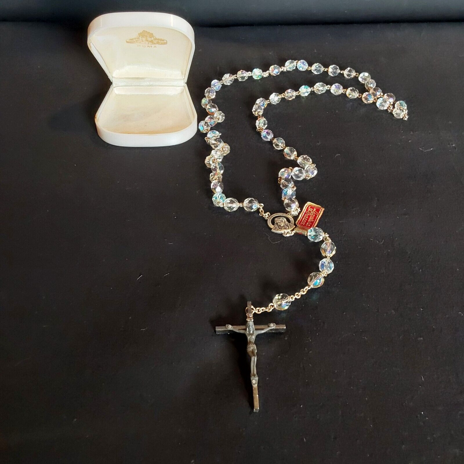 Vintage Roma Italy Rosary Crystal Beads Cross Alpacca Wired, Leatura Alpacca NEW