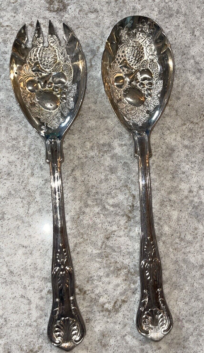 Vintage FB Rogers Italy Decorative Embossed Fruit Silver Metal Serving Spoon Set