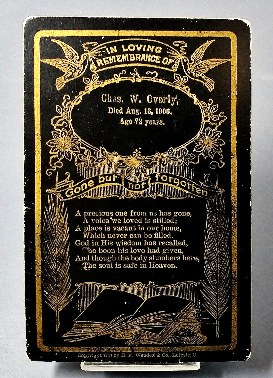 Antique Victorian 1906 Mourning Remembrance Cabinet Card Funeral Black Gold Foil