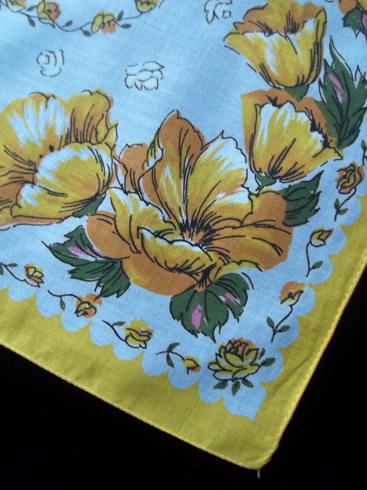 Vintage Yellow & Gold Flower Print Hankie Bright Floral Printed Hanky 911