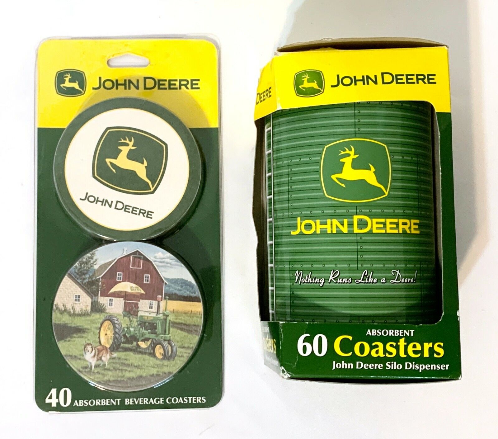 John Deere Silo Dispenser w/ 60 Coasters PLUS New 40 Count Coaster Refill Pack 