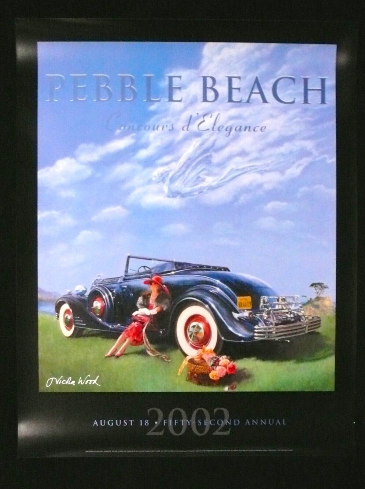 SIGNED 2002 Pebble Beach Concours Poster 1933 CADILLAC Lone Cypress Nicola WOOD