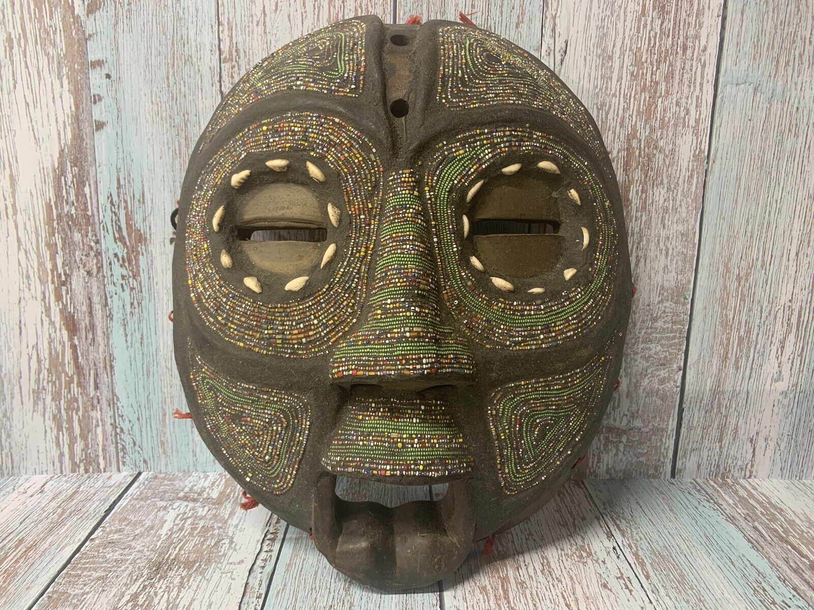 African Tribal Wood Mask Art Beaded Cowrie Shells  Estate sale Find Rare