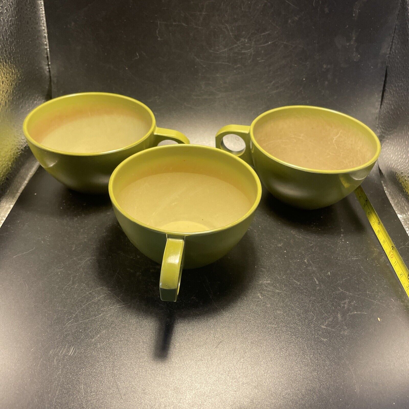 Lot of 3 - Vintage 60’s Melamine Avocado Green Cups Coffee Mugs Tea Cups
