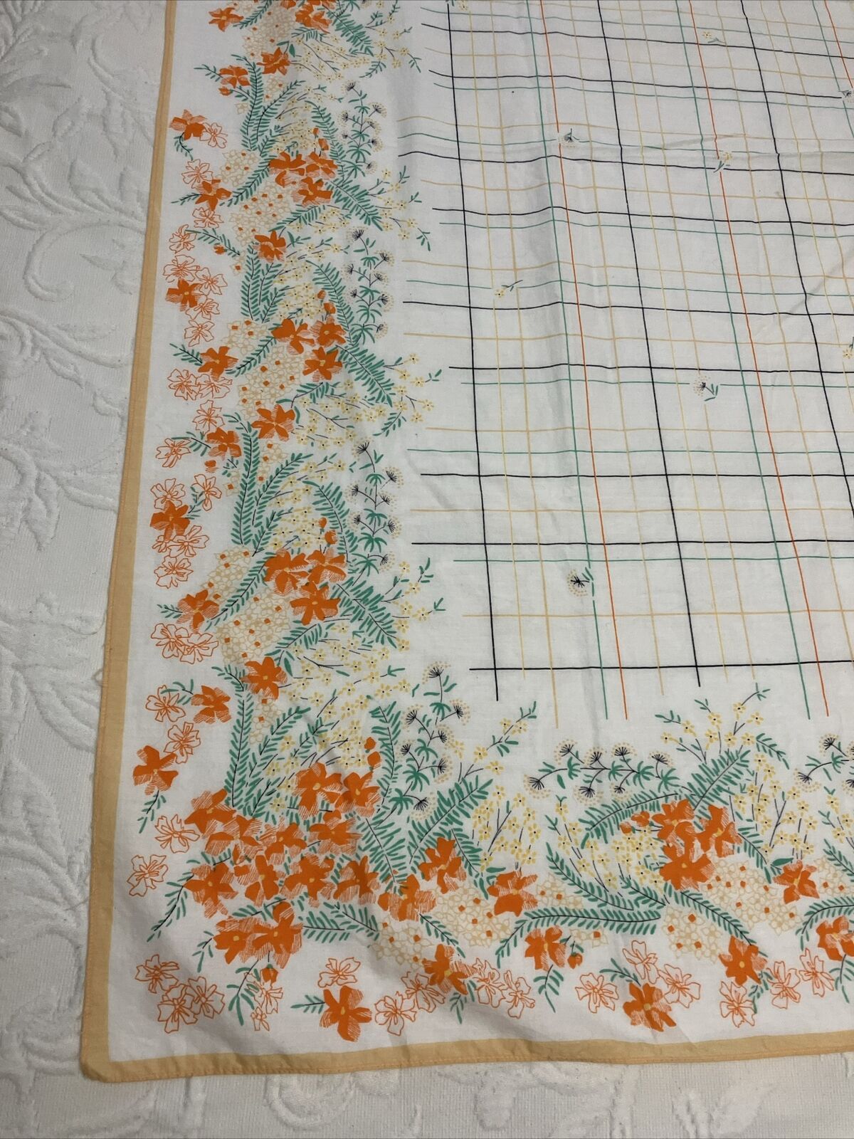 Vintage Orange Floral Printed Luncheon Tablecloth 44” Square Cotton Made Japan