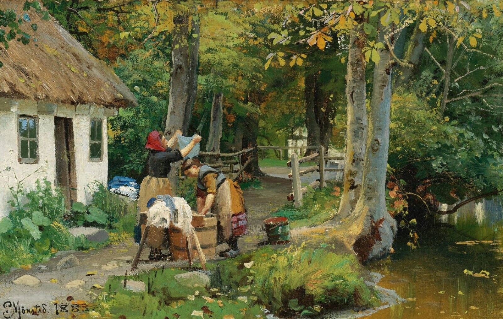 Dream-art Oil painting Peder-Mork-Monsted-Washing-Day cottage landscape canvas