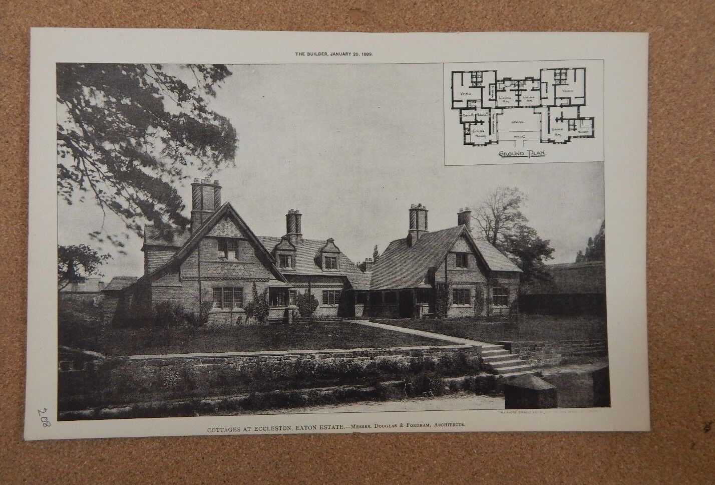Antique Architects print cottages At Eccleston Eaton Estate The Builder 1889