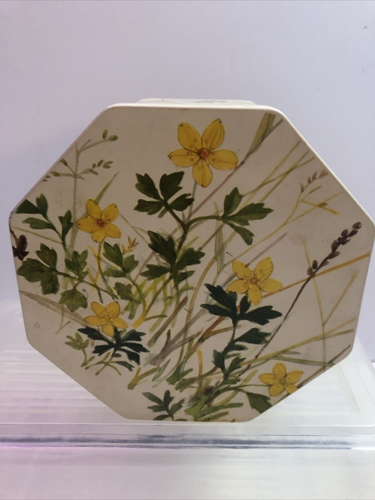 Vintage IRA Denmark Yellow  Blue Green Spring FLORAL Octagon Tin Cannister