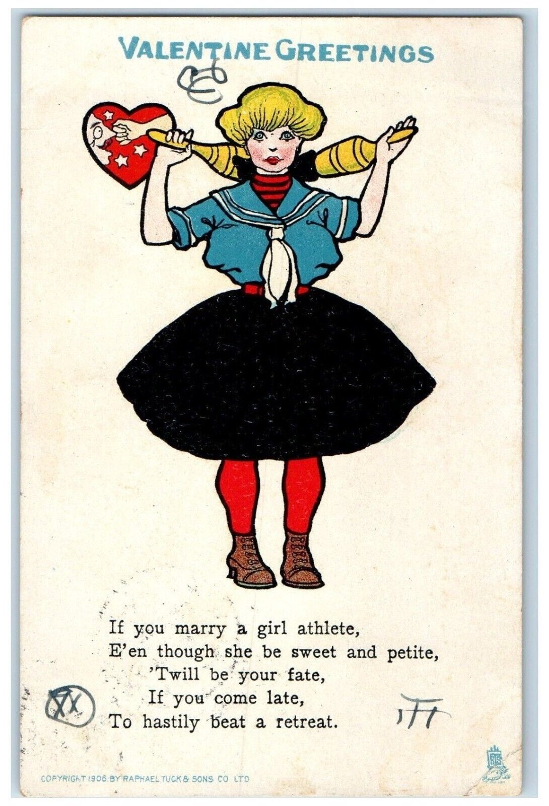 c1905 Valentine Greetings Athlete Girl Heart Tuck\'s Winsted Connecticut Postcard