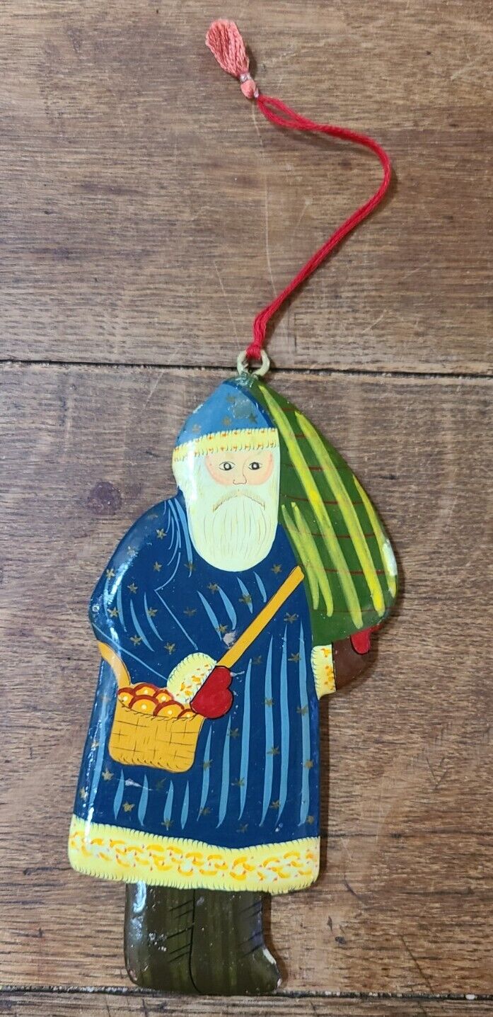 Vintage Handpainted Wood Folk Art Santa Claus With Christmas Tree Ornament  7\