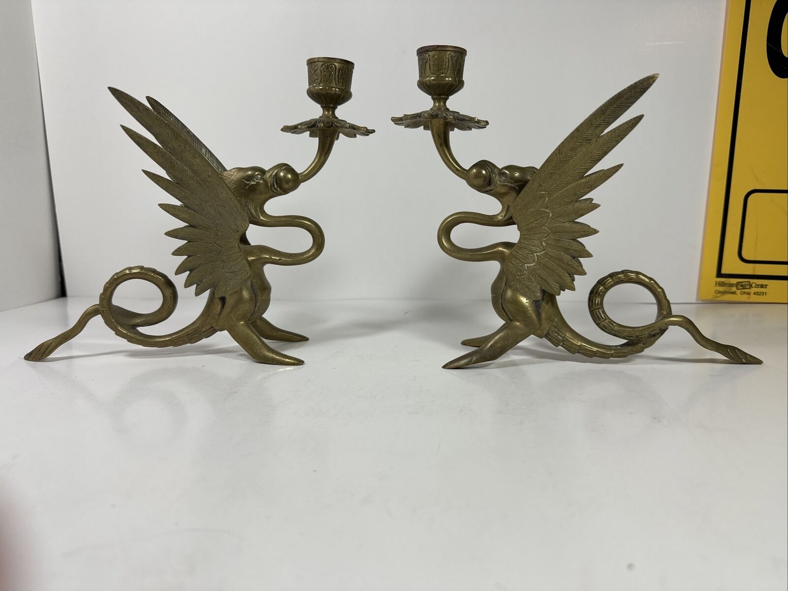 Vintage Brass Dragon Candle Holder Set Lot of 2 Griffin Gothic Mid Century Art 