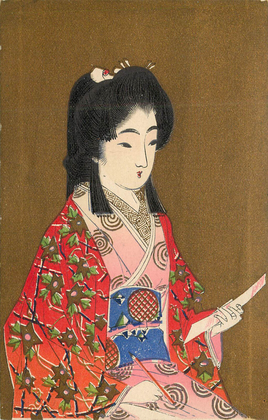 Original Block Print Japanese Woman In Kimono Writing a Letter Gold Background