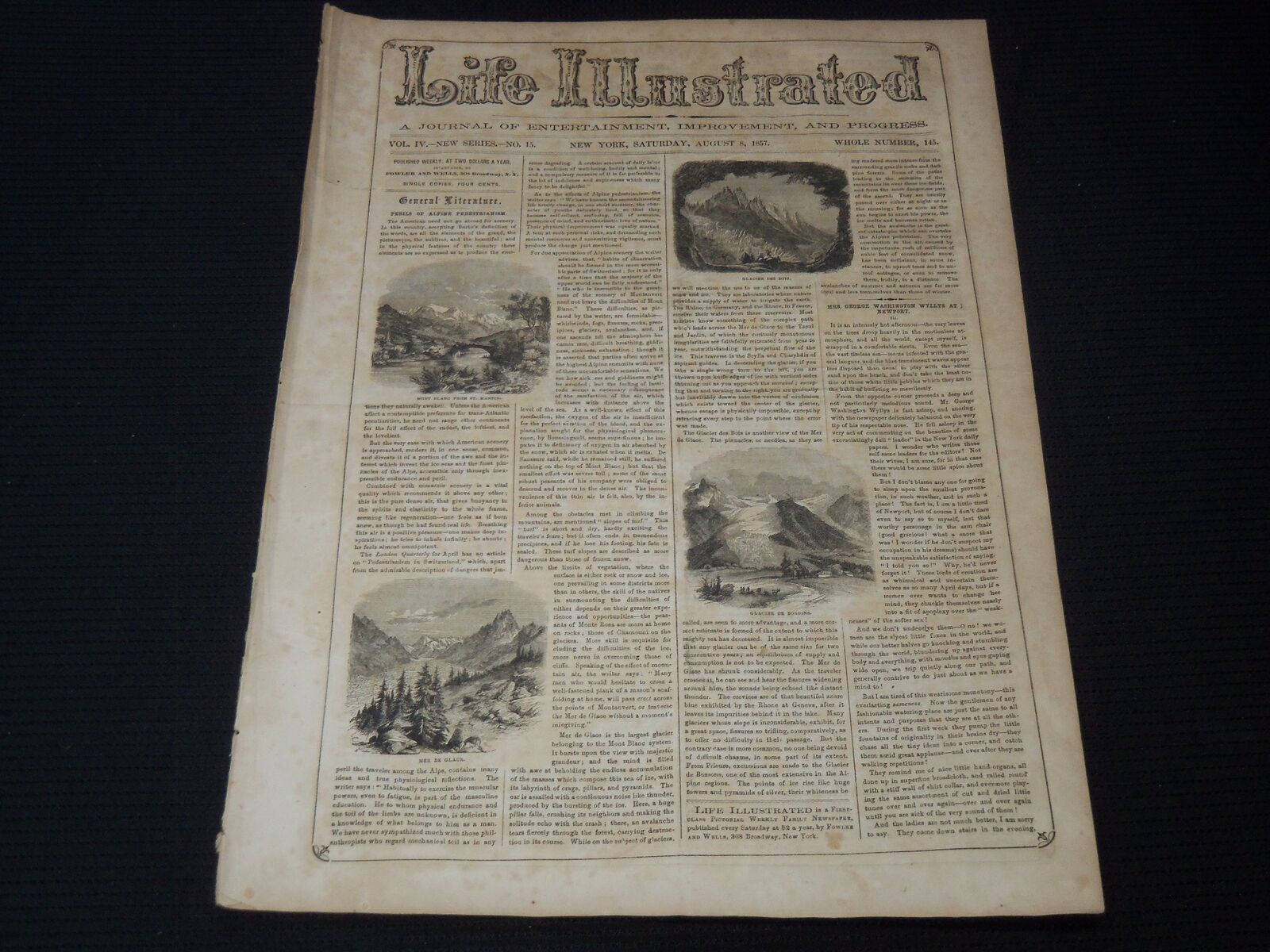 1857 AUGUST 8 LIFE ILLUSTRATED NEWSPAPER - ALPINE PEDESTRIANISM - NP 5924