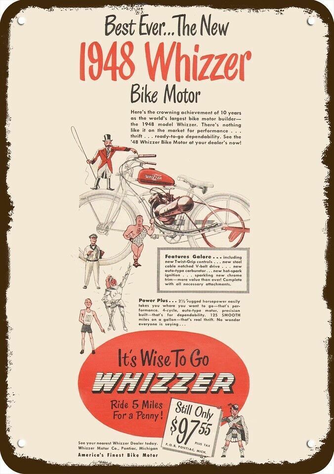 1948 WHIZZER Motor Bike Bicycle Vintage-Look-Edge DECORATIVE REPLICA METAL SIGN