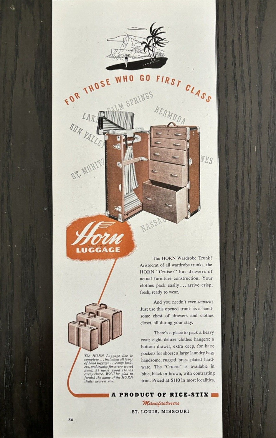 Horn Luggage St .Louis Mo First Class Wardrobe Trunk Vintage Print Ad 1940s