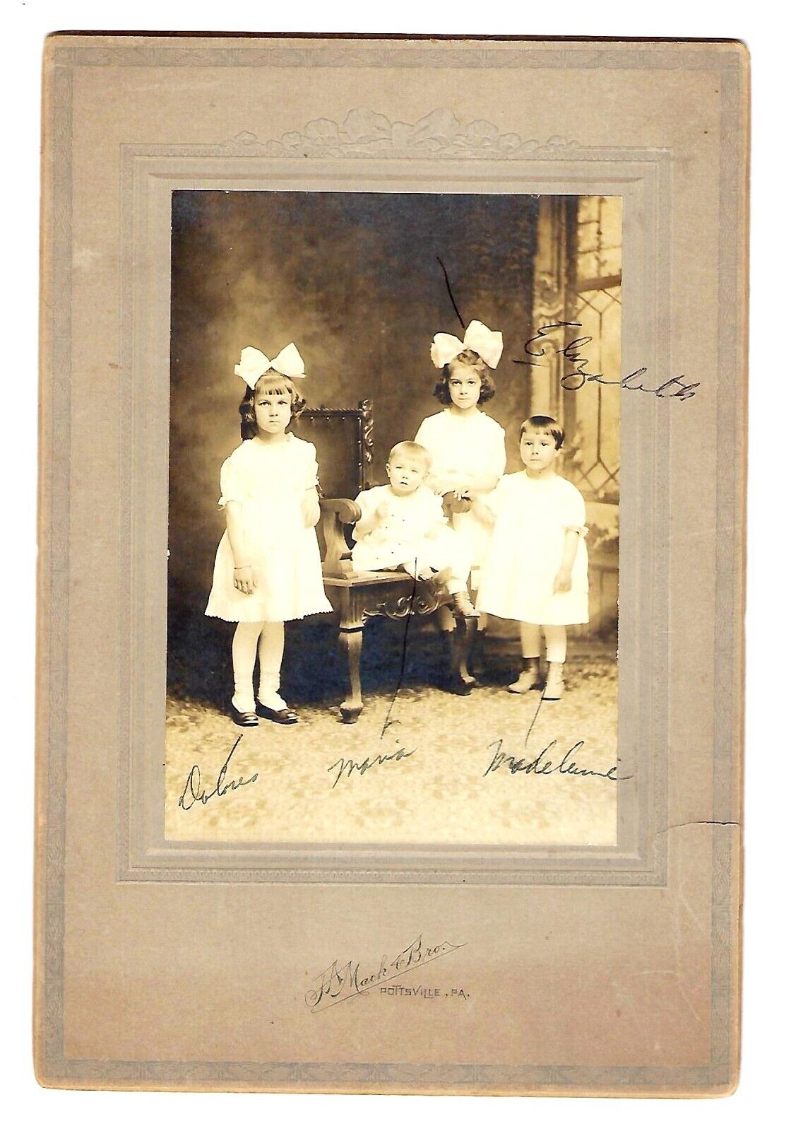 Early c1900\'s Portrait of 4 Siblings, Baby sitting in Chair