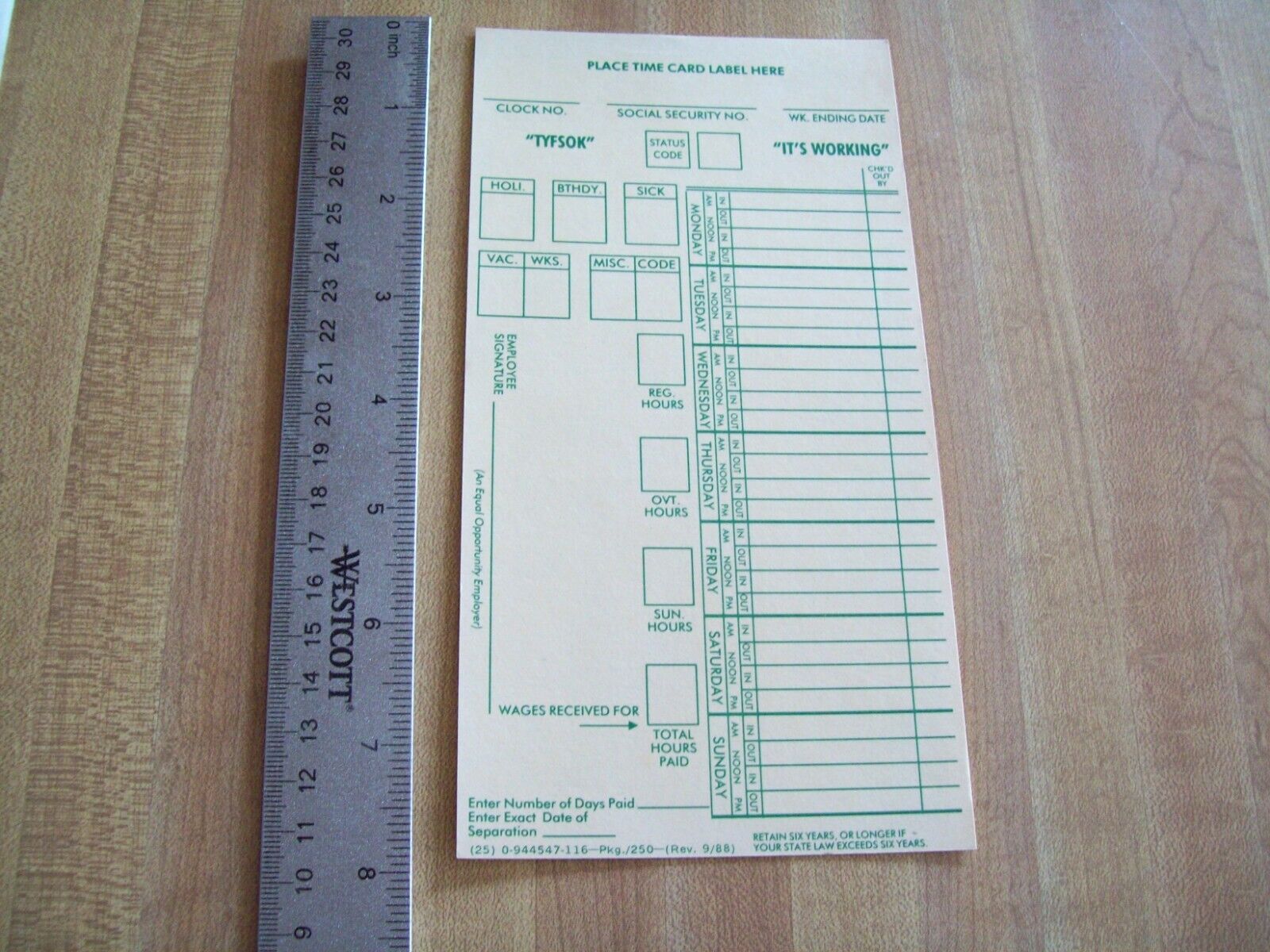 K-MART UN-USED VINTAGE TIMECARD FROM THE LATE 1980\'s RARE KMART ITEM
