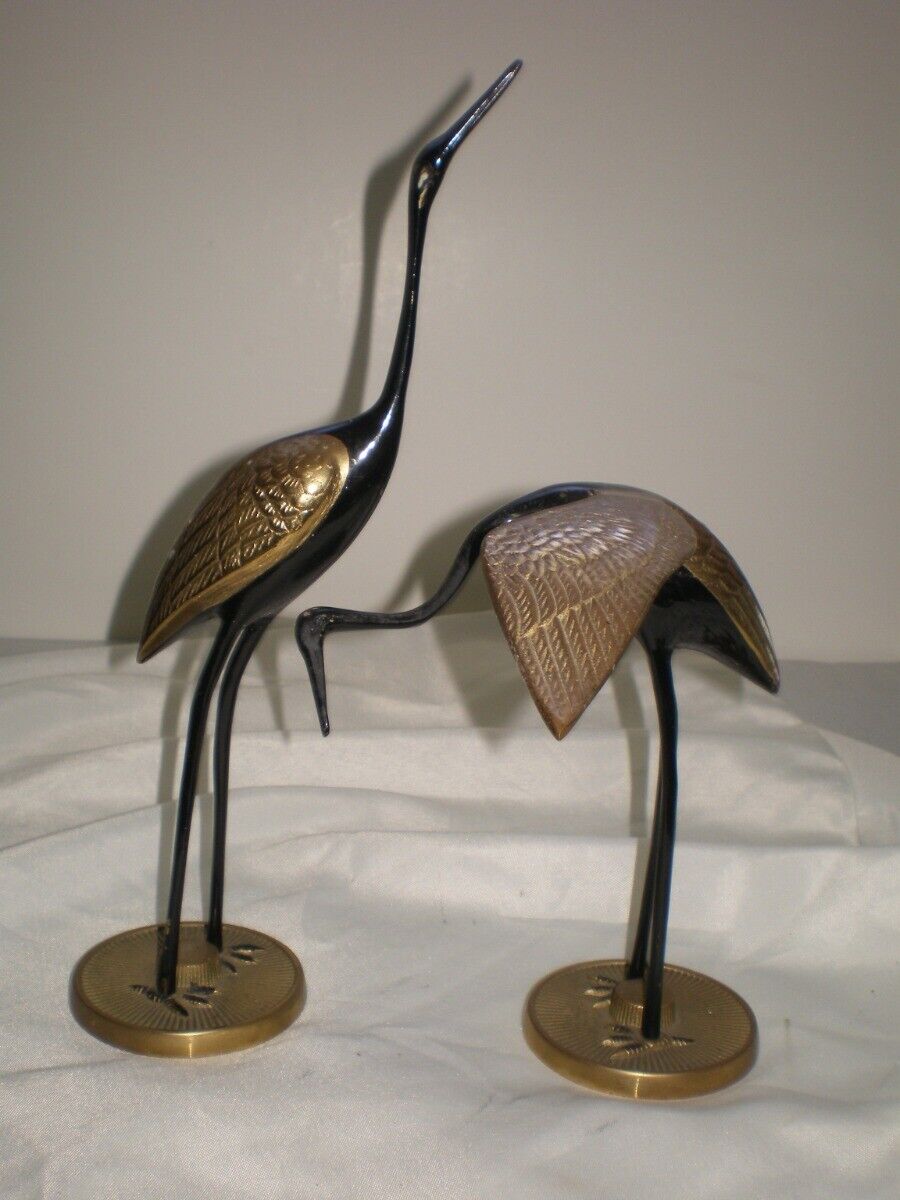 Set of 2 SPI San Pacific Black Brass Bird Figurine Statue Heren Stork Statue