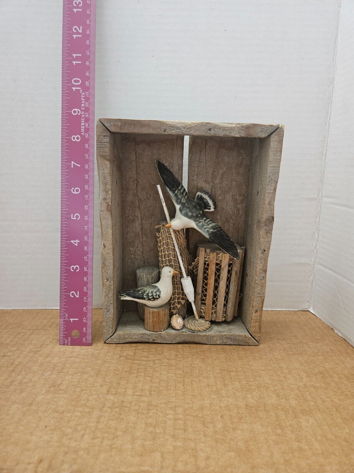 Vintage 8-1/2” x 6” Wooden Crate Décor with Porcelain Seagulls, Buoys, and Crab