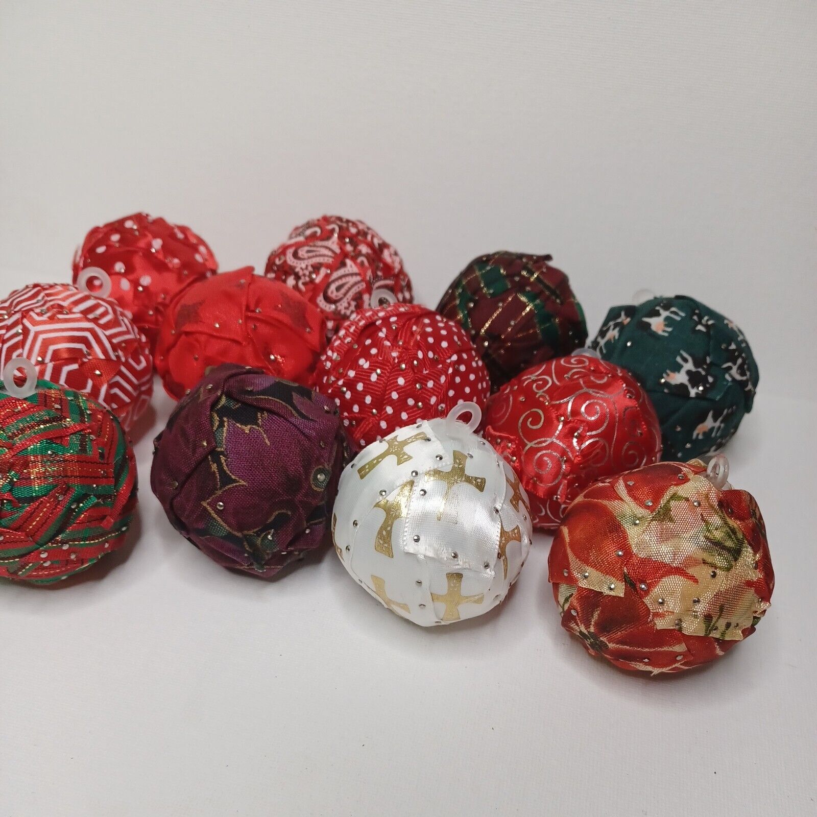 Vintage Lot 12 Handcrafted Push Pin Satin Ribbon Ball Christmas Ornaments