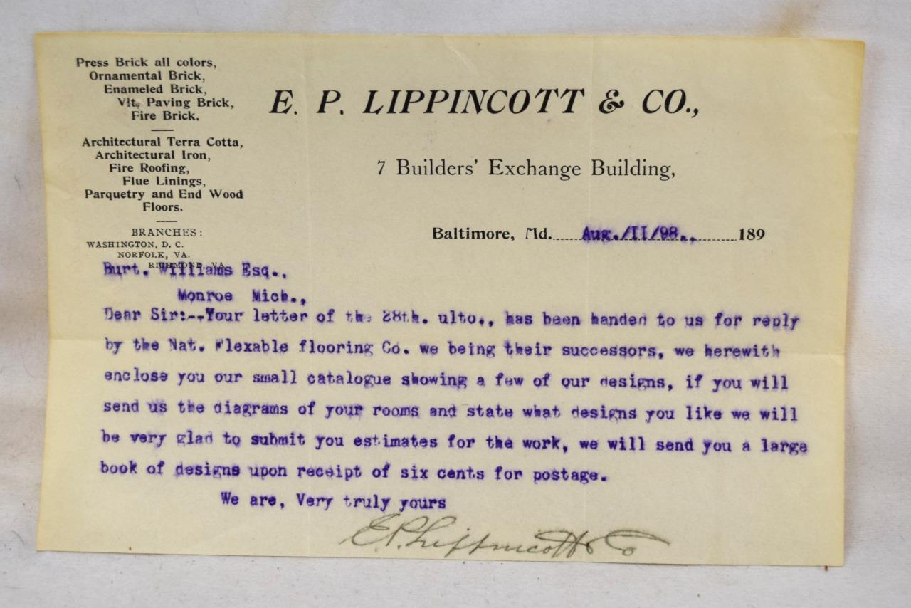 1898 E.P. Lippincoltt & Co. Baltimore MD Letterhead Letter