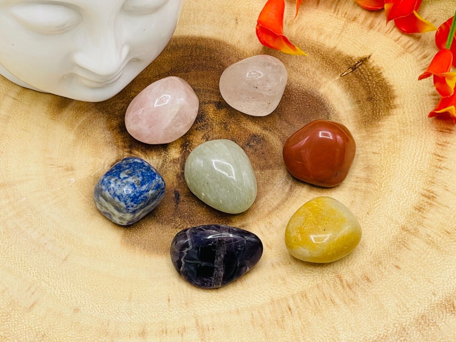 7 Chakra Tumbled Stones Set with Carry Velvet Pouch, Polished Healing Crystals