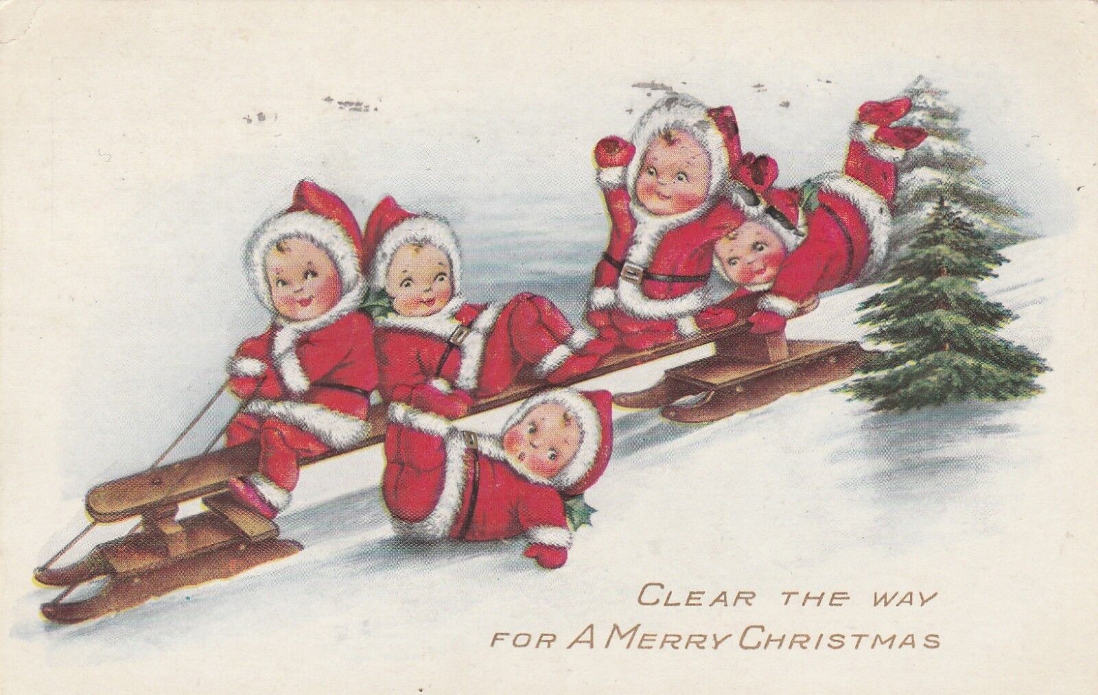 *KAPPY 042418-34 POSTCARD POSTED 1917 CHILDREN SANTA SUITS ON ANTIQUE SLED